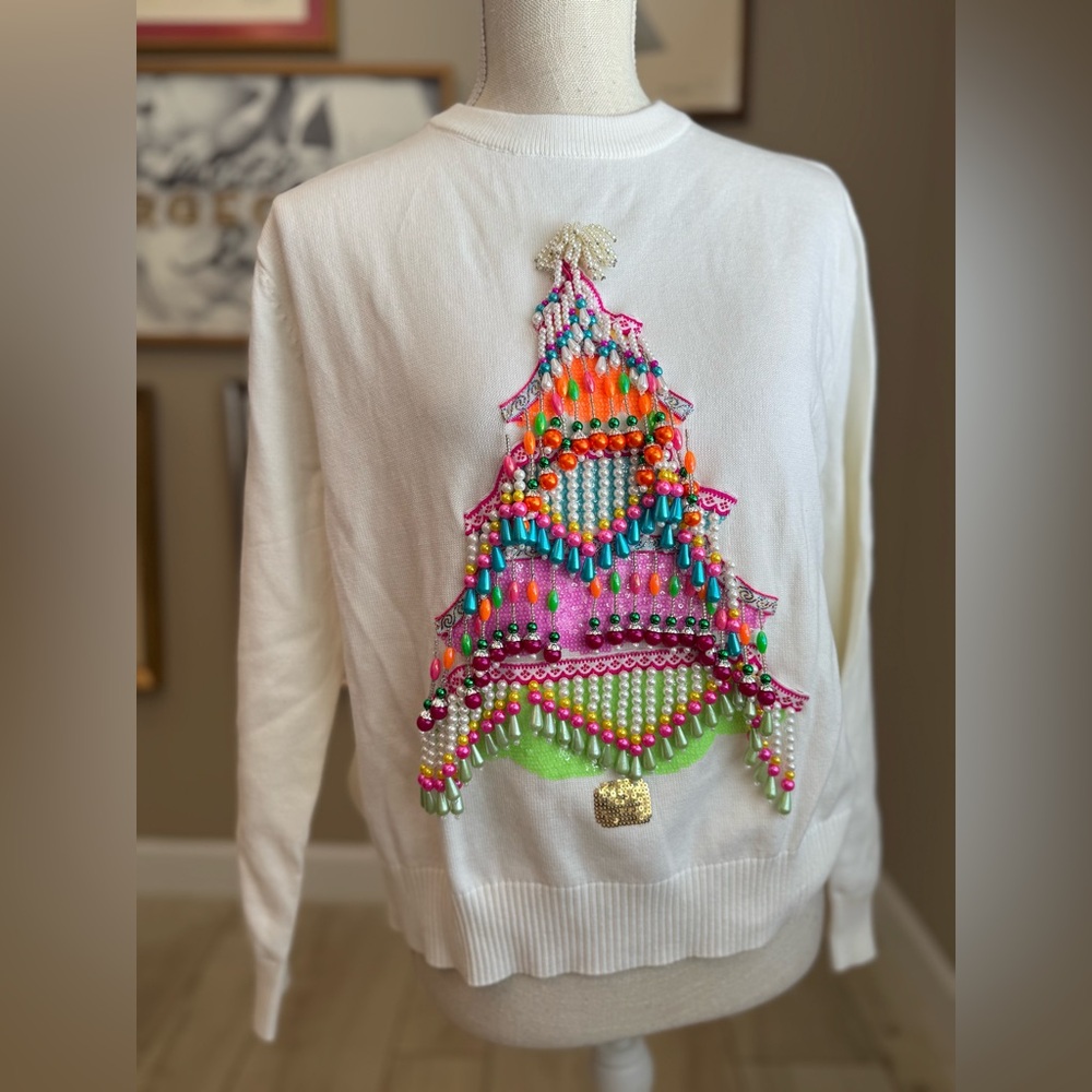 New! QUEEN OF SPARKLES White Rainbow Pearl & Sequin Christmas Tree Sweater
